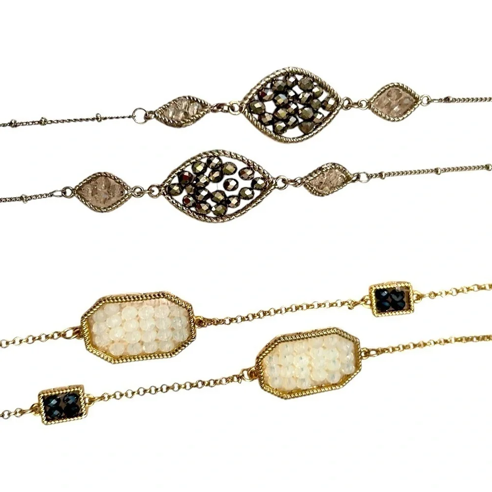 Pair of Boutique gold/silver tone delicate long necklaces faceted beads gunmetal